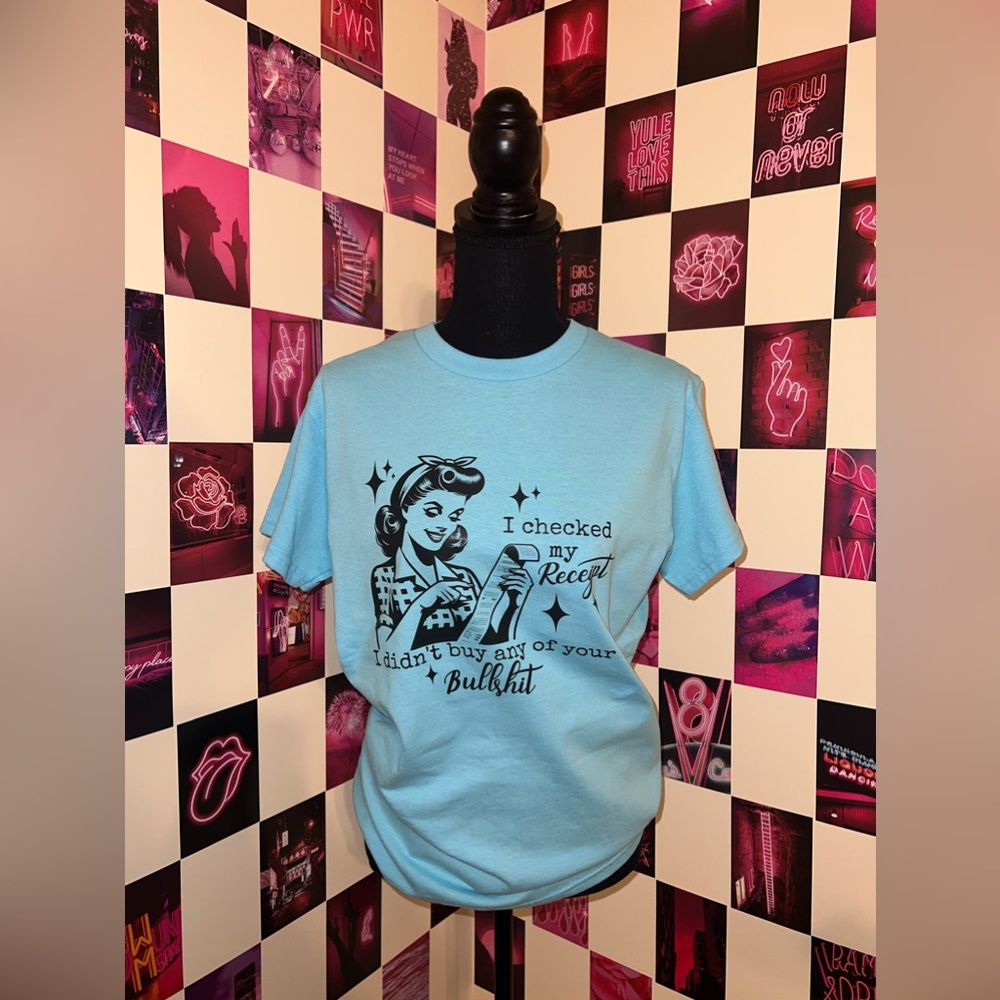 Hand Crafted Light Blue Graphic Short Sleeve Tee with Black Print